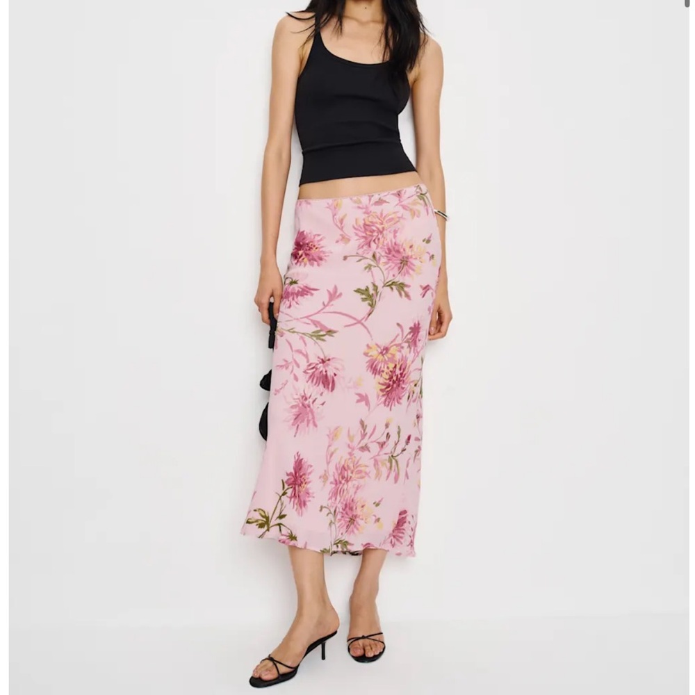 REFORMATION Layla Skirt Chrysanthemum Pink Floral Midi Bias Cut Skirt